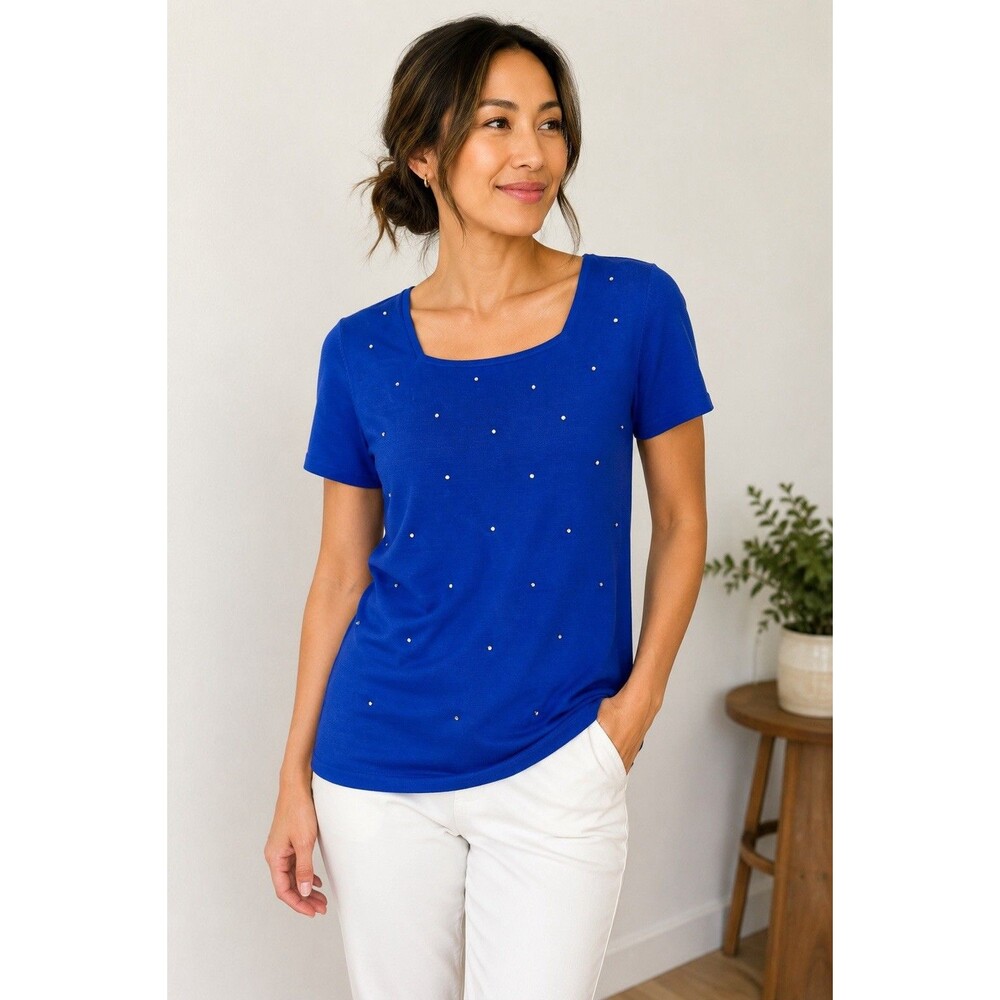 Quacker Factory Top 75% Silk 25% Cotton Blue Diamond Bling Sparkle Square Neck M